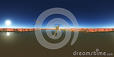 Spherical 360 degrees seamless panorama with the pterosaur Peteinosaurus over a desert oasis Cartoon Illustration