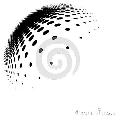 Spherical distortion halftone dots element. Orb, ball deform on bulge, bump speckles, polka-dots and screentone.Pointillist, Vector Illustration