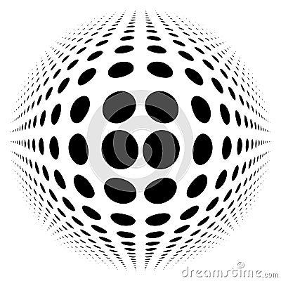 Spherical distortion halftone dots element. Orb, ball deform on bulge, bump speckles, polka-dots and screentone.Pointillist, Vector Illustration