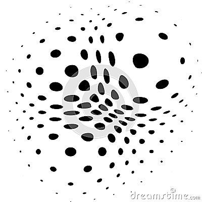 Spherical distortion halftone dots element. Orb, ball deform on bulge, bump speckles, polka-dots and screentone.Pointillist, Vector Illustration