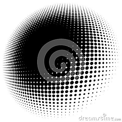 Spherical distortion halftone dots element. Orb, ball deform on bulge, bump speckles, polka-dots and screentone.Pointillist, Vector Illustration