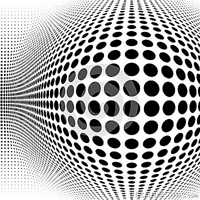 Spherical distortion halftone dots element. Orb, ball deform on bulge, bump speckles, polka-dots and screentone.Pointillist, Vector Illustration