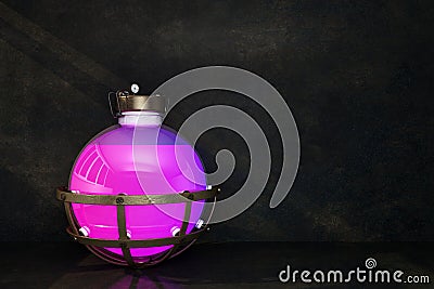 Spherical flask with pink liquid on a dark background Stock Photo