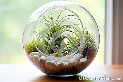 a spherical glass terrarium filled with air plants Stock Photo