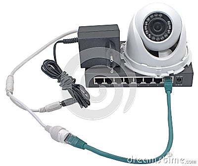 Spherical IP security camera, AC adapter and router Stock Photo