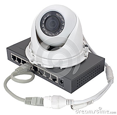 Spherical IP security camera and router on white Stock Photo