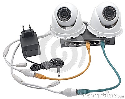 Spherical IP security cameras, AC adapter and router Stock Photo