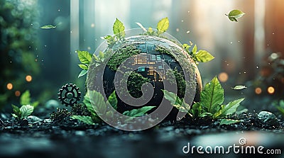 planet, covered with digital circuit patterns and green foliage. Generative AI Stock Photo