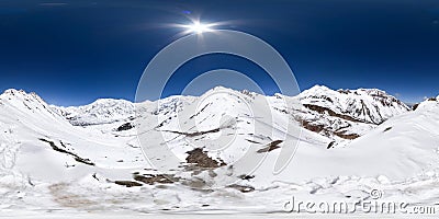 Spherical panorama of the Pamir mountain. Spherical panorama 360 degrees 180 Mountain hiker to climb a mountain of snow Stock Photo