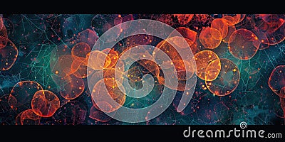 Spherical structures of glowing red and orange colors on a dark blue background with a cobweb-like structure. AIG51A Stock Photo