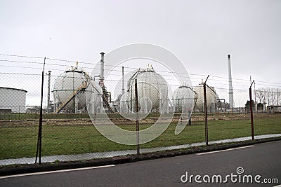 Spherical tank for storage LNG at chemical plant in the port of Rotterdam Editorial Stock Photo