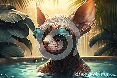 Sphinx cat chilling in the swimming pool at a tropical resort. Generative AI Stock Photo