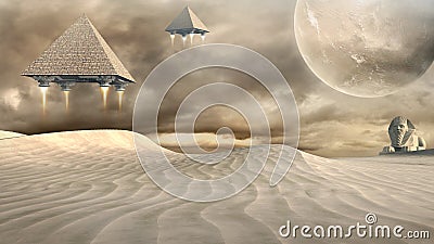 Sphinx and flying pyramids Stock Photo