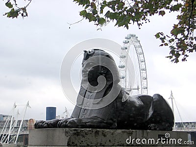 Sphinx next to the Cleopatra Needle London United Kingdom. Editorial Stock Photo