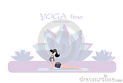 Sphinx pose and sport activity, yoga position, woman lies on floor holding hands down, wellness with health cartoon flat vector i Vector Illustration