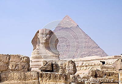 Sphinx and Pyramid of pharaoh Chephren Stock Photo