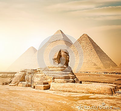 Sphinx and pyramids Stock Photo