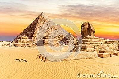 The Sphinx and the Pyramids of Giza, wonders of the world in Egypt, sunset view Stock Photo