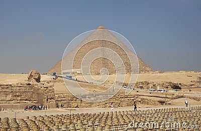 Empty Seats Await Tourists for Light Show, in front of the Great Pyramid in Cairo, Egypt Editorial Stock Photo