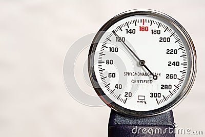 Sphygmomanometer closeup, blood pressure measurment medical equipment. Tonometer, medical tool on light grey background, close up Stock Photo