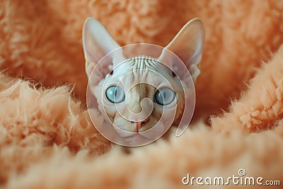 Sphynx cat with blue eyes on a peach fuzz background. The image is generated with the use of an AI. Stock Photo