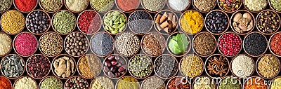 Different seasonings in cups. Spice background on the table Stock Photo