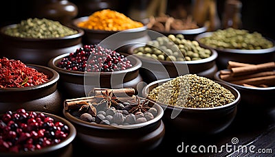 Spice bowl, anise, clove, pepper, chili, curry, ingredient generated by AI Stock Photo