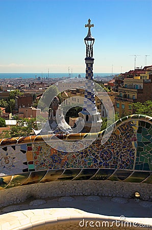 Spice-cake houses in Park Guell by Antoni Gaudi Stock Photo