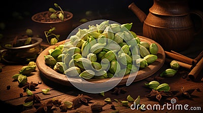 Spice cardamom. Green cardamom grains lie on a wooden plate. Aromatic seasoning for tea, hot chocolate, coffee, cocoa Stock Photo