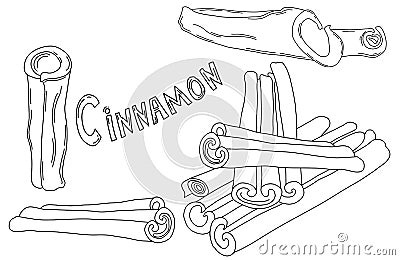 Spice collection Cinnamon sticks. Aromatic spice. Vector illustration. outline. linear hand drawing isolated elements Vector Illustration