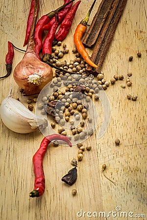 Spice, herb, condiment, seasoning, powder, fresh, gourmet, spoon, wooden Stock Photo