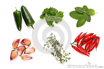 Spice herbal leaves and chili pepper on white background. Vegetables pattern. Floral and vegetables on white background. Top view Stock Photo