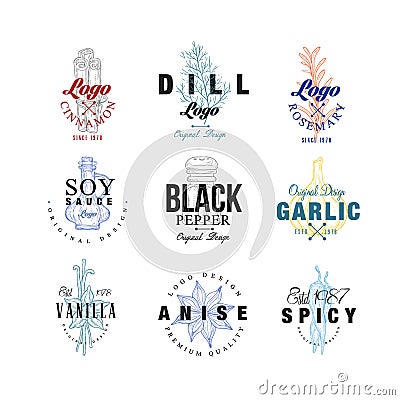 Spice logo design set, dill, soy sauce, pepper, garlic, rosemary, vanilla, anise badge can be used for culinary Vector Illustration