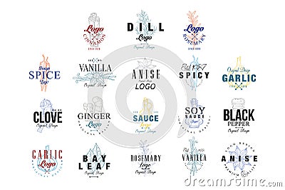 Spice logo design set, vanilla, anise, clove, ginger, soy sauce, bay leaf, garlic, rosemary badge can be used for Vector Illustration