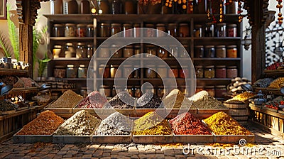 Spice market, far-off spices, heady scents, historic bazaar, cultural legacy, sunlight, and chromatic aberration Stock Photo