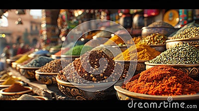 Spice market, far-off spices, heady scents, historic bazaar, cultural legacy, sunlight, and chromatic aberration Stock Photo