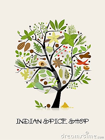 Spice shop, concept image, herbs and spices collection on tree for your design Vector Illustration