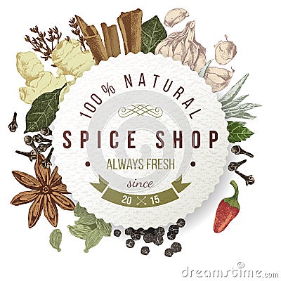 Spice shop paper emblem with different spices Vector Illustration