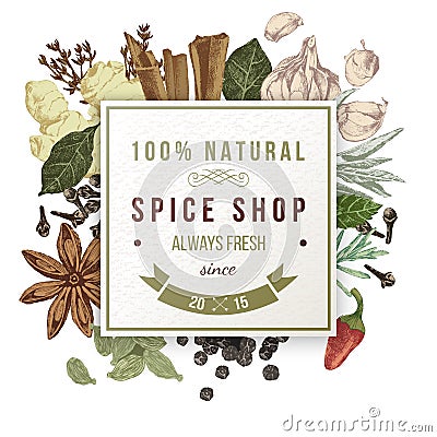 Spice shop paper emblem with different spices Vector Illustration