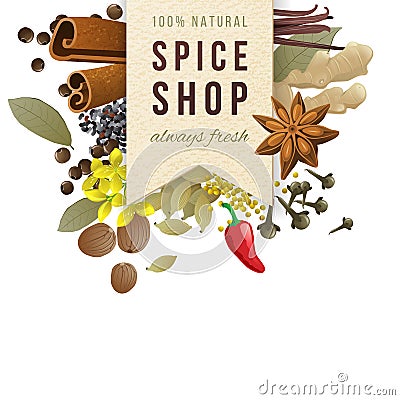 Spice shop paper emblem with different spices Vector Illustration