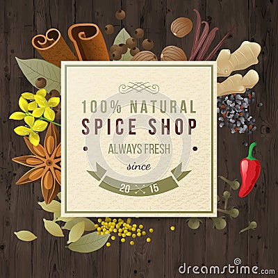 Spice shop paper emblem with different spices in vintage style Vector Illustration