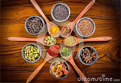 Spice spoons and bowls Stock Photo