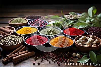 Spice symphony Assorted, colorful spices on a rustic wooden table Stock Photo