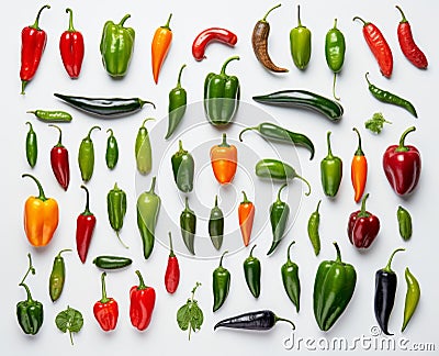 Spice Up Your Life: A Colorful Collection of Peppers on a White Background Stock Photo