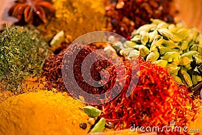 Spice. Various indian spices and herbs colorful background. Assortment of seasonings Stock Photo