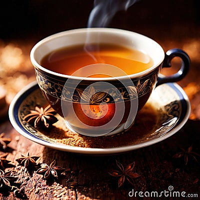 Spiced Tea, fresh brewed spiced tea with spices and masala drink with asian tea leaves Stock Photo