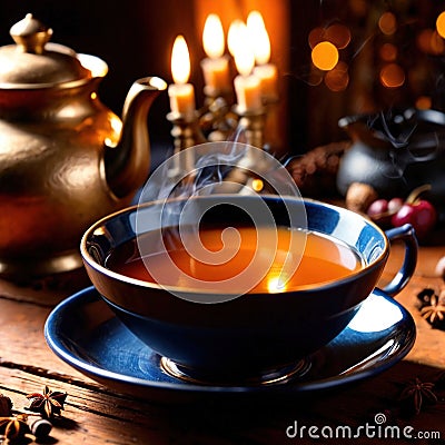 Spiced Tea, fresh brewed spiced tea with spices and masala drink with asian tea leaves Stock Photo