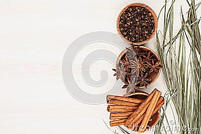 Spices - aniseed, cinnamon, cloves and herbs in wooden bowls on a wood white background. Stock Photo