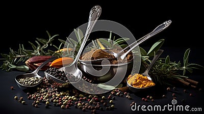 Spices background, lots of spices laid on spoons Stock Photo