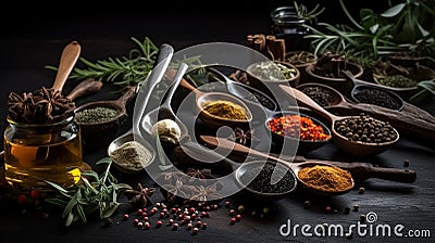 Spices background, lots of spices laid on spoons Stock Photo